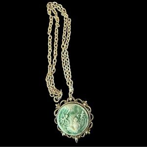 Vintage 1970 Green Resin Brooch or Pendant on Gold Tone Chain Maiden & Cherubs